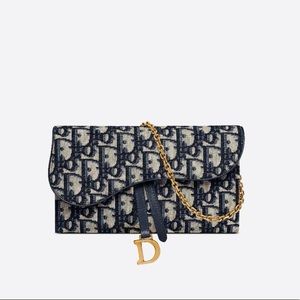 Dior Blue oblique jacquard LONG SADDLE WALLET WITH CHAIN